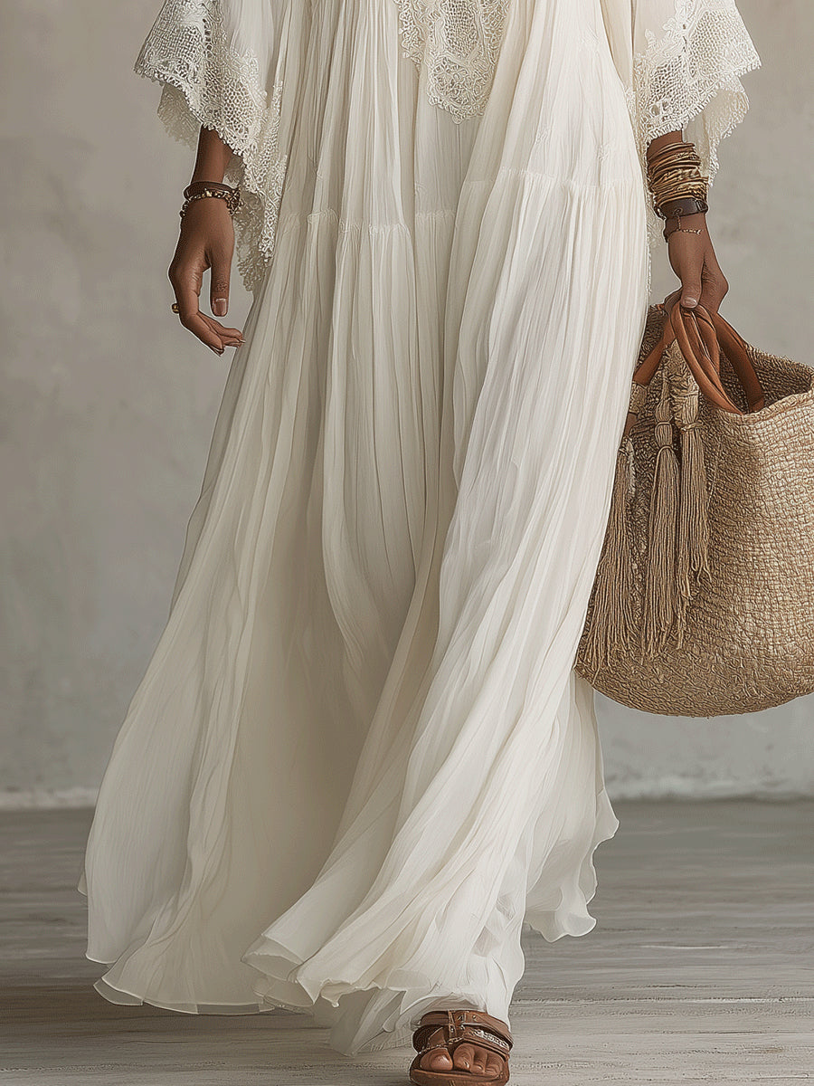 Vestido largo de gasa color marfil con mangas de murciélago y encaje blanco Adelaida
