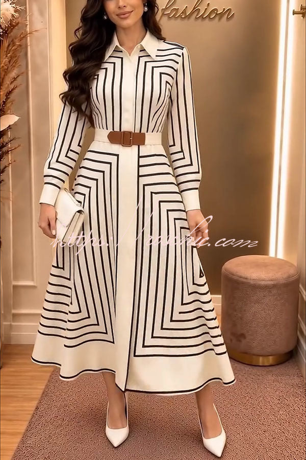 Maderia Geometric Lines print Long Sleeve Belted Shirt Midi Dress