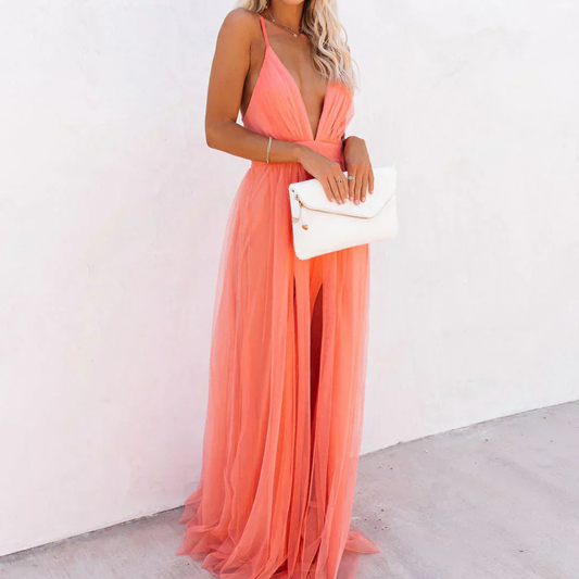 Coral - Vestido elegante sensual y ligero con escote marcado