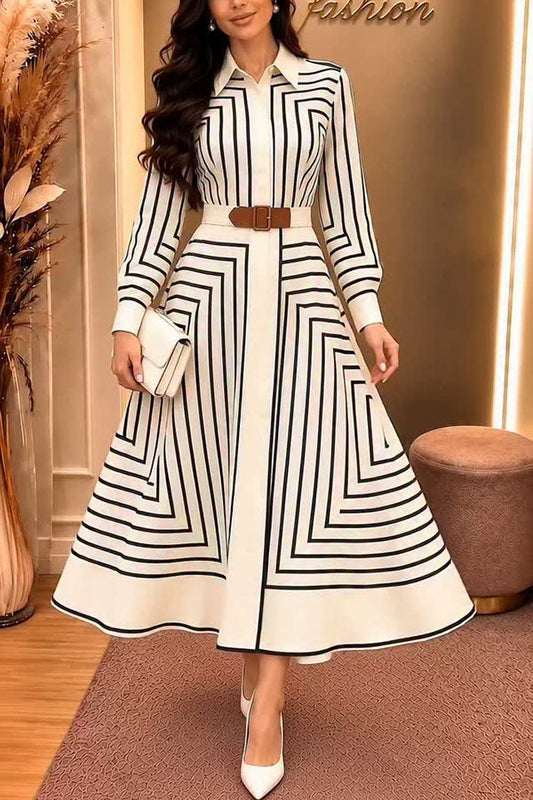 Maderia Geometric Lines print Long Sleeve Belted Shirt Midi Dress