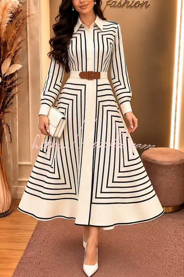 Maderia Geometric Lines print Long Sleeve Belted Shirt Midi Dress