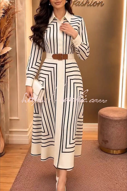 Maderia Geometric Lines print Long Sleeve Belted Shirt Midi Dress