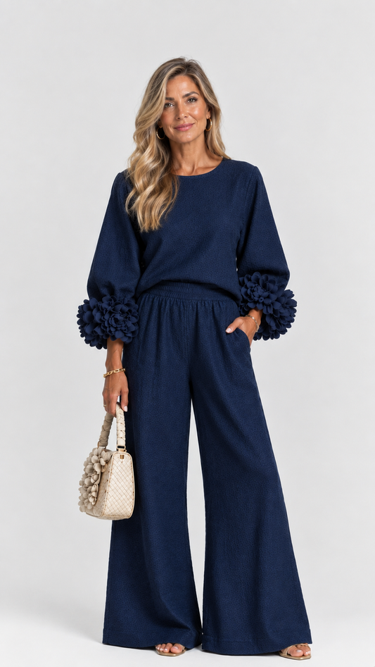 Isabela | Conjunto mujer lino manga flor palazzo rosa