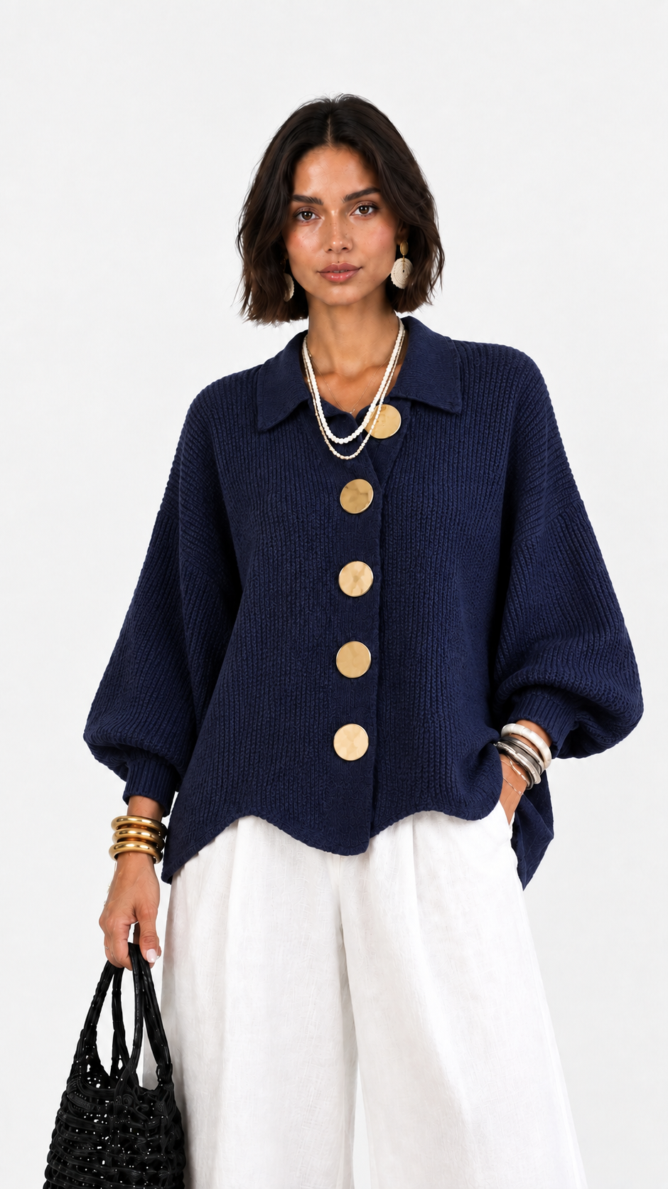 Carlota | Chaqueta de punto cuello polo manga abullonada bajo ondulado