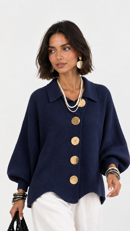 Carlota | Chaqueta de punto cuello polo manga abullonada bajo ondulado