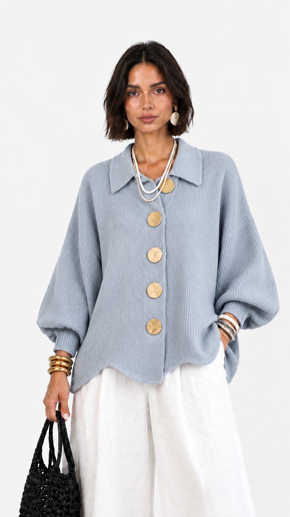 Carlota | Chaqueta de punto cuello polo manga abullonada bajo ondulado