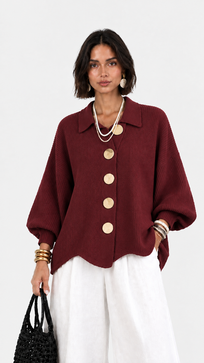 Carlota | Chaqueta de punto cuello polo manga abullonada bajo ondulado