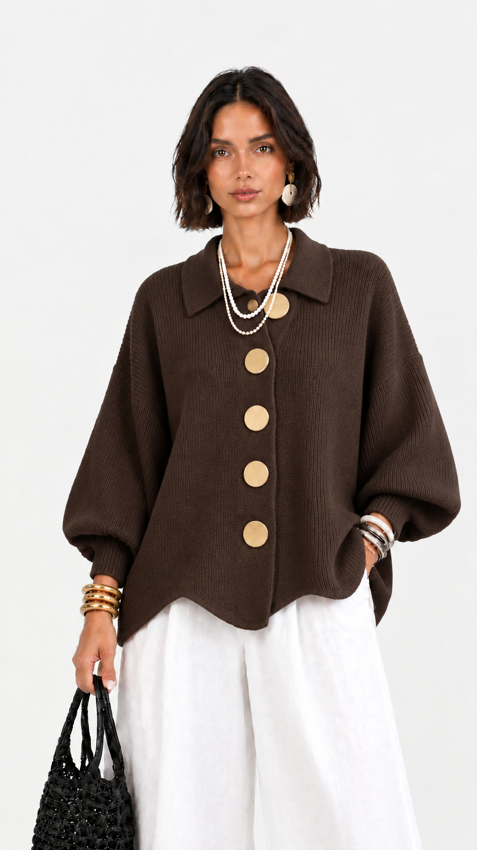 Carlota | Chaqueta de punto cuello polo manga abullonada bajo ondulado