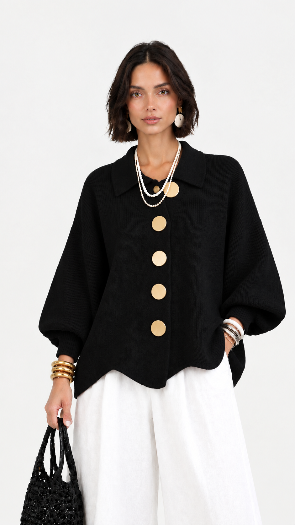Carlota | Chaqueta de punto cuello polo manga abullonada bajo ondulado