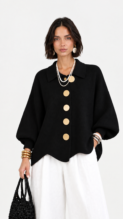 Carlota | Chaqueta de punto cuello polo manga abullonada bajo ondulado