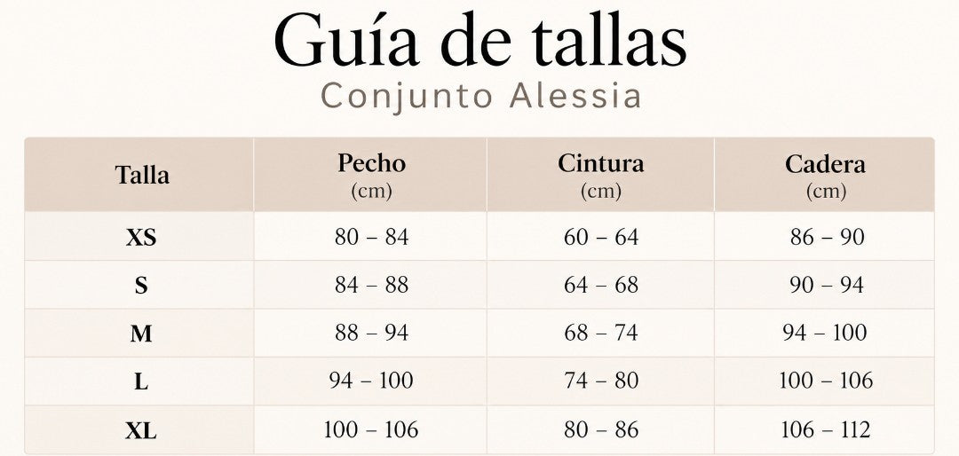 Guía de tallas - Conjunto Alessia | Elegancia y comodidad atemporal