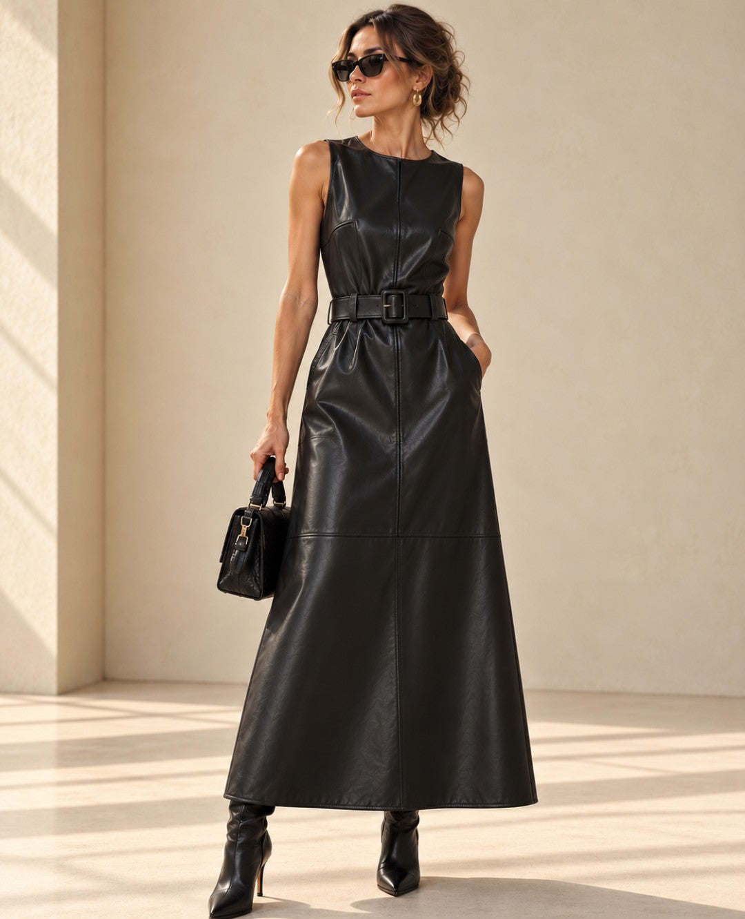 Noa, vestido largo efecto piel negro con cinturón, vista frontal