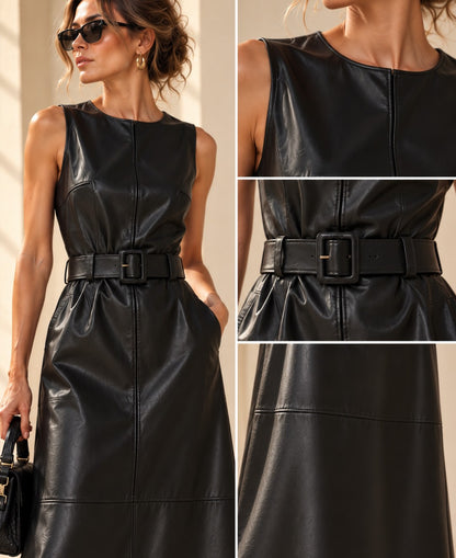 Detalles del vestido Noa: cuello redondo, cinturón con hebilla cuadrada y falda evasé