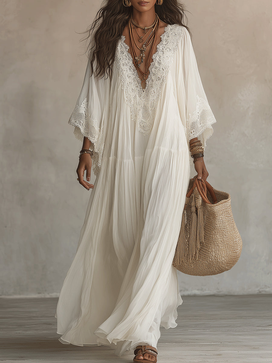 Vestido largo de gasa color marfil con mangas de murciélago y encaje blanco Adelaida