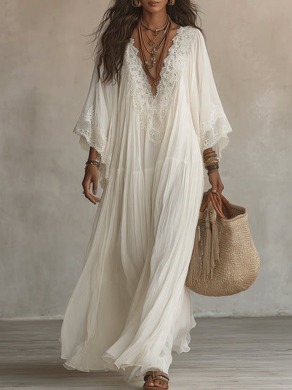 Vestido largo de gasa color marfil con mangas de murciélago y encaje blanco Adelaida