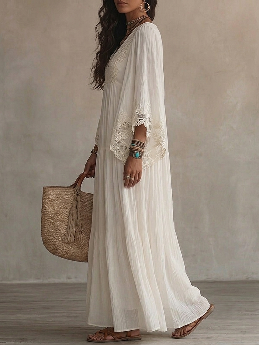 Vestido largo de gasa color marfil con mangas de murciélago y encaje blanco Adelaida