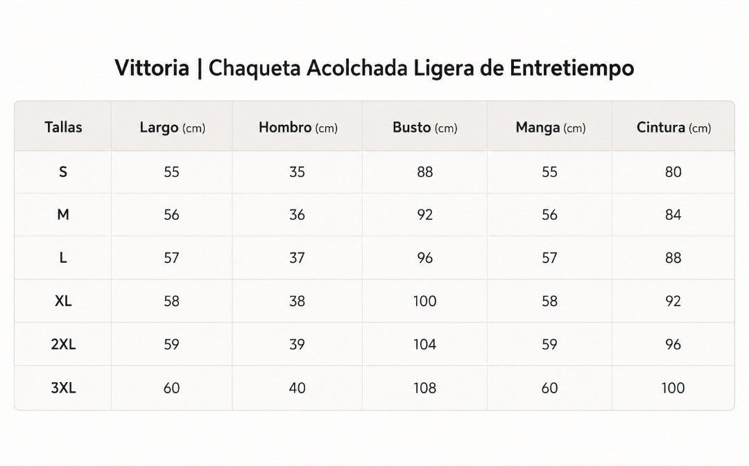 Guía de tallas - Vittoria | Chaqueta Acolchada Ligera de Entretiempo